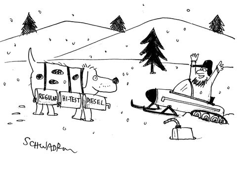 St. Bernard rescue dog with three types of fuel for broken down snow cart.