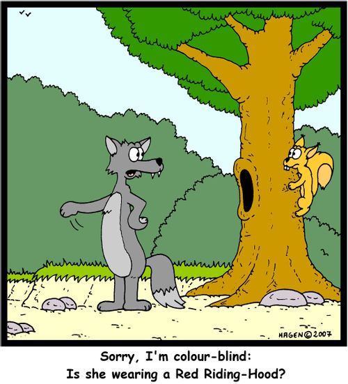 'Sorry, I'm colour-blind: Is she wearing a Red Riding-Hood?'