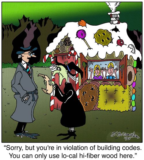 An inspector saying to a witch in front of a gingerbread house, 'Sorry, but you're in violation of building codes. You can only use lo-cal hi-fiber wood here.