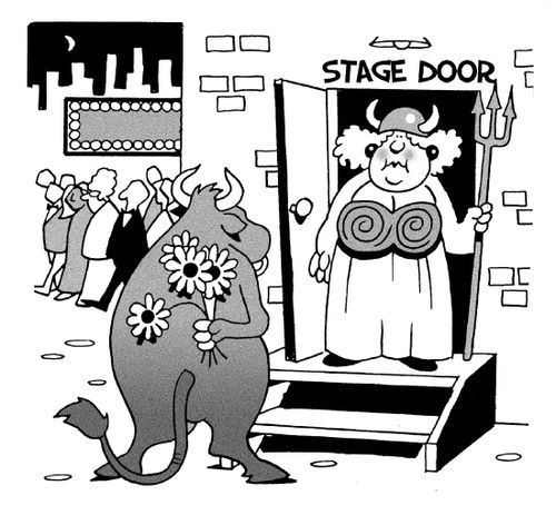 Cow at stage door has bunch of flowers for large opera singer.