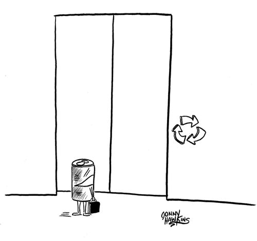 Soda can arrives at elevator with recycle symbols for up and down buttons.