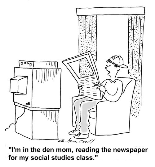 I'm in the den mom, reading the newspaper for social studies class.