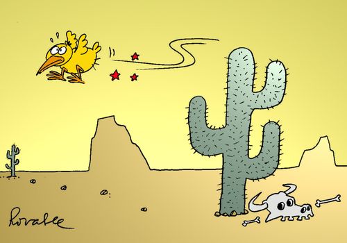 Bird gets pricked by cactus needles.