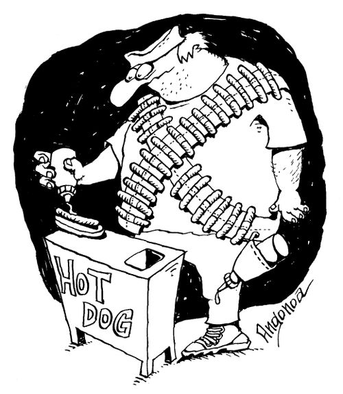 Hot dog vendor with military-style equipment.