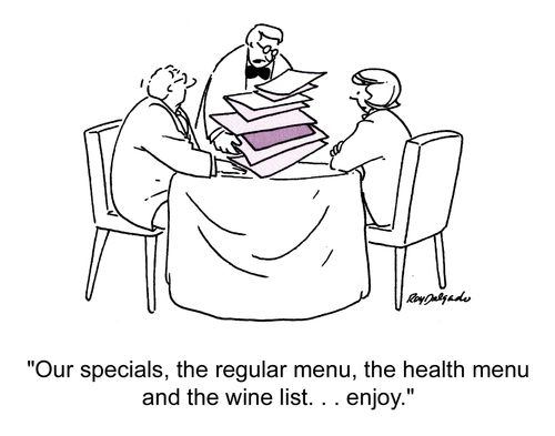 'Our specials, the regular menu, the health menu and the wine list... enjoy.'
