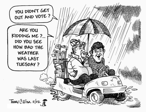 Two guys in golf cart: 'You didn't get out and vote?' - 'Are you kidding me.....?'