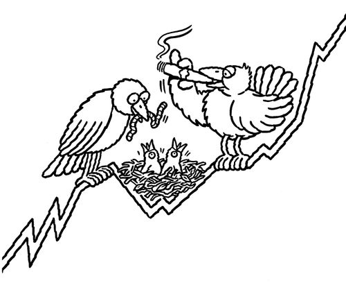 Father bird smoking a cigar on a line graph.