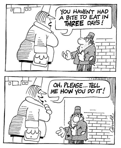 Large woman asking how a homeless man has managed not to eat