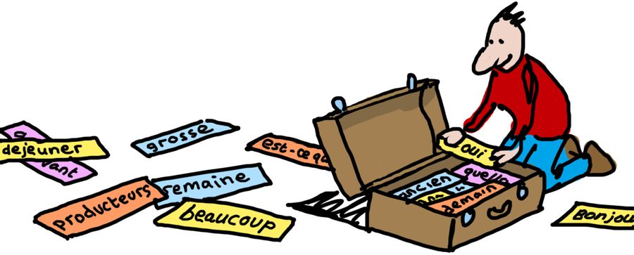Man packing suitcase with French vocabulary