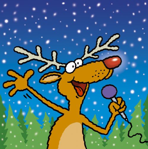 Rudolph the reindeer sings into microphone as snow falls