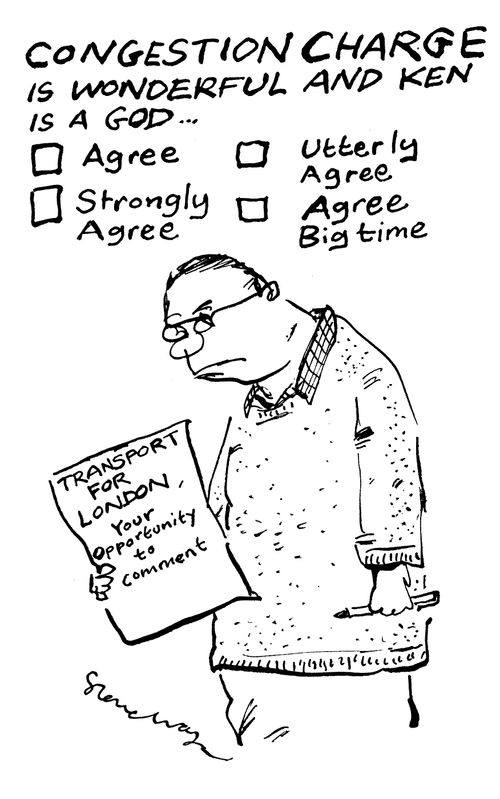 Survey:  Congestion Charge is wonderful and Ken is a God.  Agree/Strongly Agree/Utterly Agree/Agree Big Time.