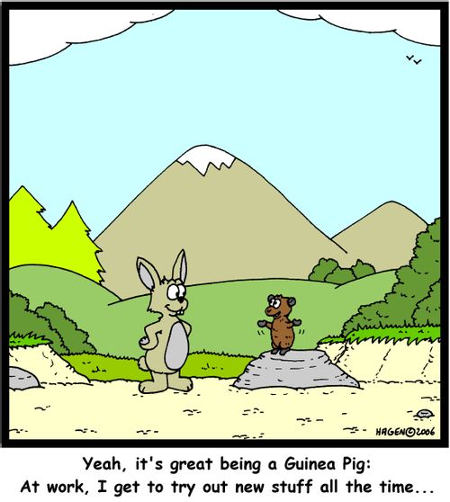 'Yeah, it's great being a Guinea Pig: At work, I get to try out new stuff all the time...'
