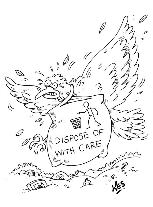 A bird is strangled by plastic carrier bag, which bears the slogan: Dispose of with care.