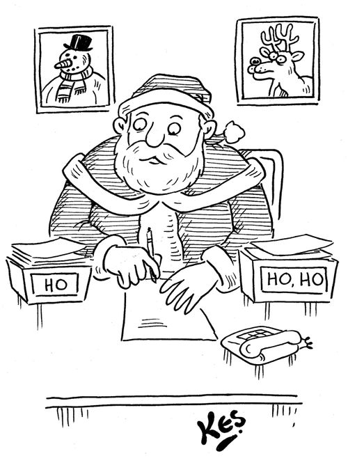 Santa's in/out boxes read: Ho and Ho Ho respectively.