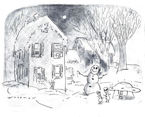 Aliens building snowmen.