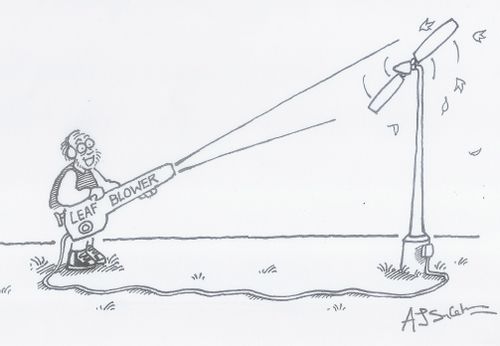 Wind turbine and leaf blower.