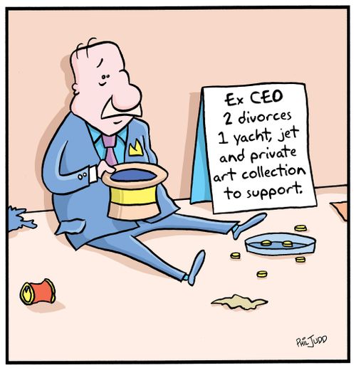 Ex Ceo begging on the street with a sign saying 'Ex Ceo 2 divorces, 1 yacht, jet and private art collection to support'.