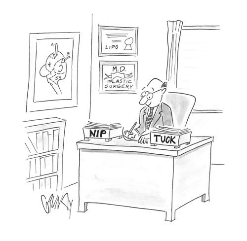 Plastic Surgeon's desk has files labeled 'Nip' and 'Tuck.'