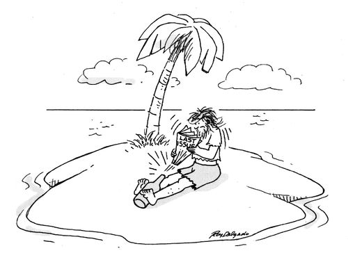 Castaway reading a magazine from a bottle