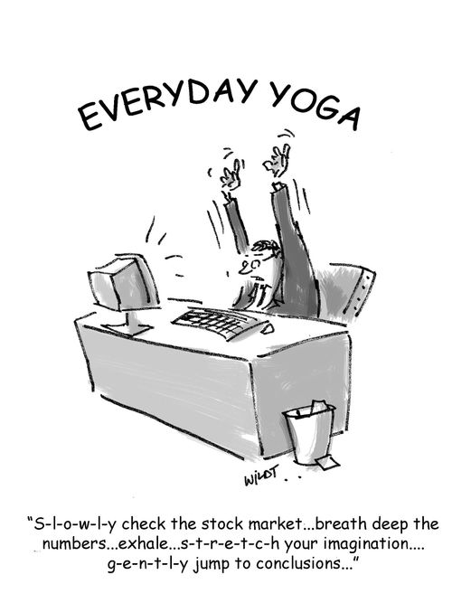 Businessman uses yoga moves while reviewing financial news on computer