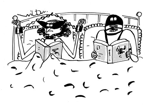 Sado-masochists reading in bed.