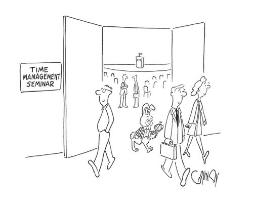 White Rabbit leaving a 'Time Management Seminar.'