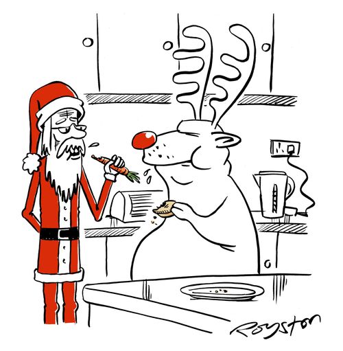 Skinny Santa Claus munches on carrot, as obese Rudolph eats mince pie.