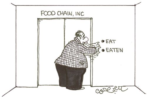 Food Chain, Inc elevator: 'eat...eaten'.