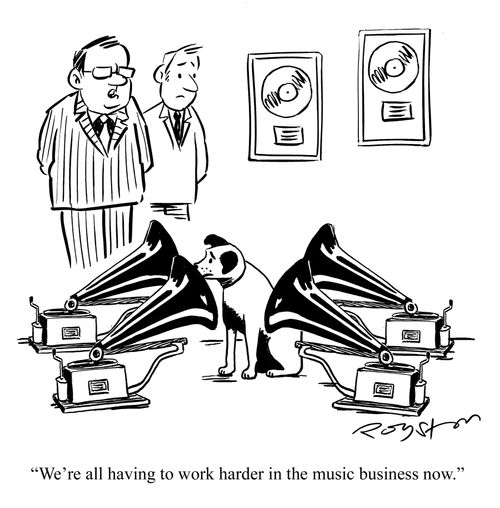 'We're all having to work harder in the music business now.' (Dog listens to four gramophones at once)