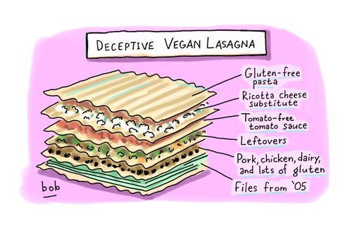 Deceptive Vegan Lasagna: Gluten-free pasta, Ricotta cheese substitute, Tomato-free tomato sauce, Leftovers, Pork, chicken, dairy and lots of gluten, Files from '05