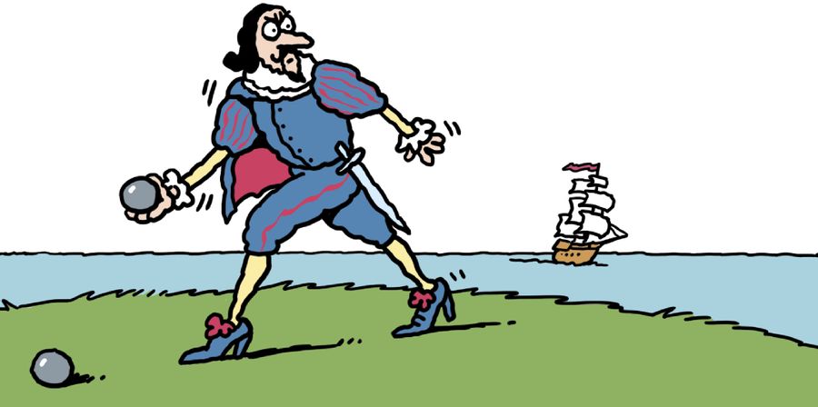 Sir Francis Drake plays bowls with ship on horizon