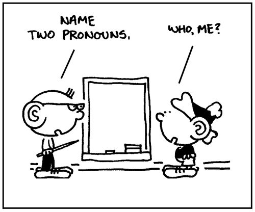 'Name two pronouns.'