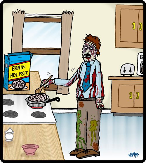 Zombie cooking brains in the kitchen.