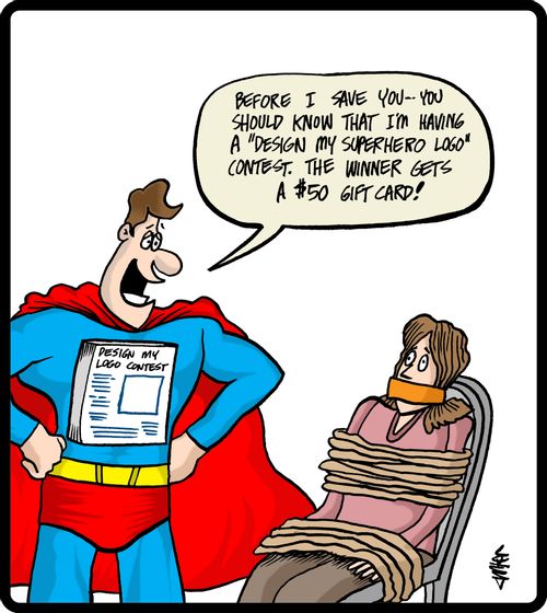 'Before I save you - you should know that I'm having a 'Design my superhero logo' contest. The winner gets a $50 gift card!'