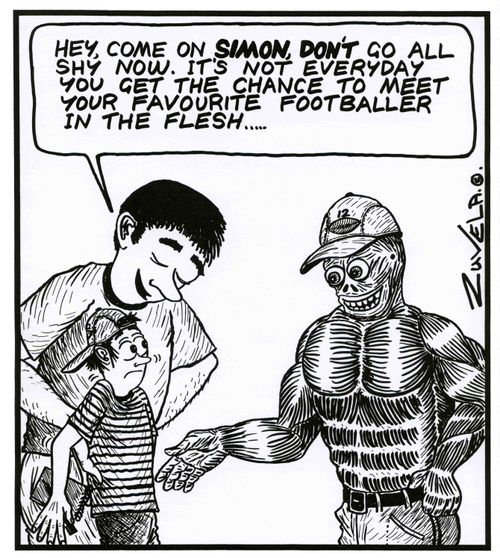 'Hey,come on SIMON, DON'T go all shy now. It's not everyday you get the chance to meet your favourite Footballer in the flesh...'