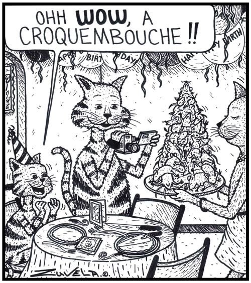 Young Cat: 'Ohh WOW, a Croquembouche!!' An excited young Cat about to receive a Croquembouche cake made of Mice for it's Birthday 