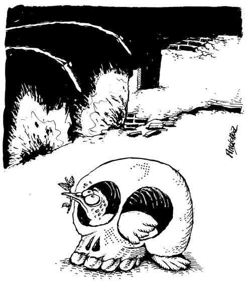 Dove of peace sheltering in a skull