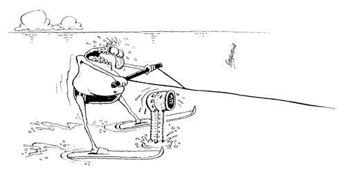 Water skier with a periscope appearing between his legs