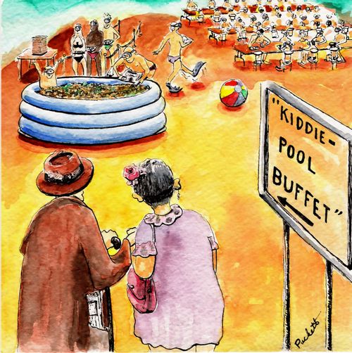 An elderly couple arrive at Kiddie Pool Buffet, where people are wearing swim suits etc. and serving food from the pool itself.