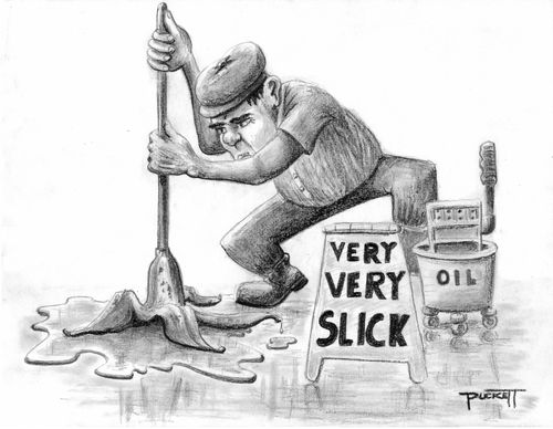 A man is mopping a floor with a banana peel mop and a bucket of oil.