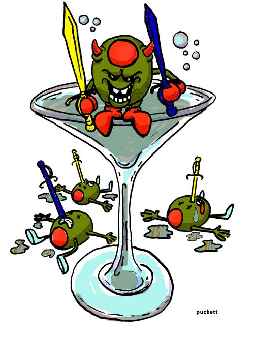 'Evil Olive'- An evil olive has taken out his co-workers with cocktail swords.