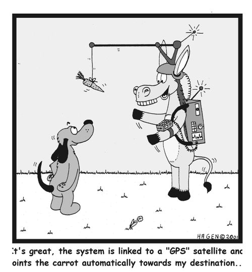 "It's great, the system is linked to a GPS satellite and points the carrot automatically towards my destination..."