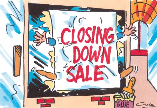 Man glued to a shop window under a huge 'Closing down sale' poster