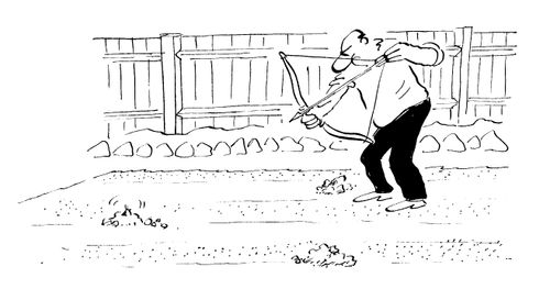 Man with bow and arrow trying to shoot moles in his garden