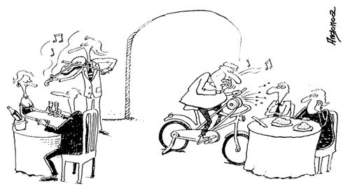 Man playing a harmonica on a exercise bike bores customers in a restaurant