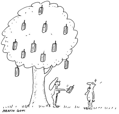 Eve tempting Adam with a mobile phone from the tree of knowledge