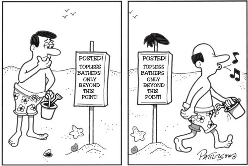 'POSTED! TOPLESS BATHERS ONLY BEYOND THIS POINT!'
