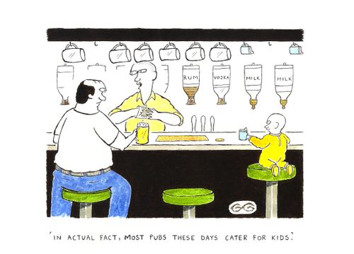 "In actual fact, most pubs these days cater for kids." (Toddler served milk at bar).