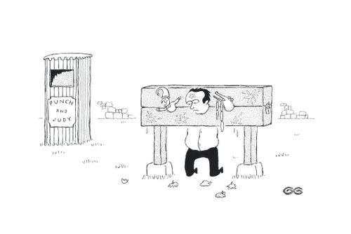 Punch and Judy man put in stocks.