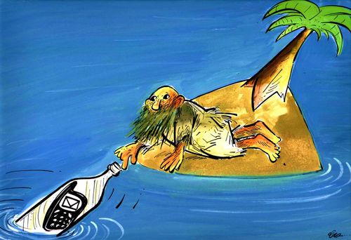 A man on a desert island reaches out for a message in a bottle.  It has a mobile phone in it.
